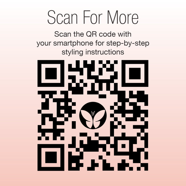 A QR code with a butterfly logo in the center. Text above: Scan For More. Scan with your smartphone for step-by-step GLOSS Clear Shine Enhancement instructions by Calista Tools. Light pink gradient background.