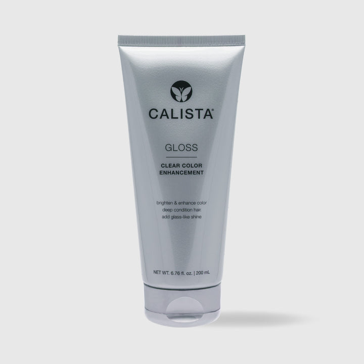 A silver tube of Calista Tools GLOSS Clear Shine Enhancement (6.76 fl oz/200 ml) stands upright on a plain light background, with the label showcasing its color enhancement and radiant shine benefits for hair.