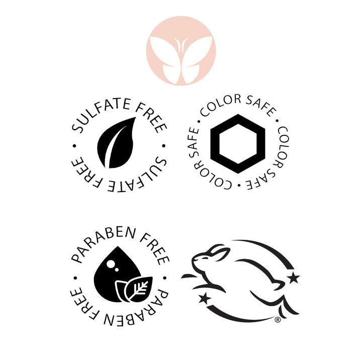 The Calista Tools GLOSS Clear Shine Enhancement features four icons: a butterfly, Sulfate Free leaf, Color Safe hexagon, Paraben Free water droplet with leaf, and a leaping bunny symbol.