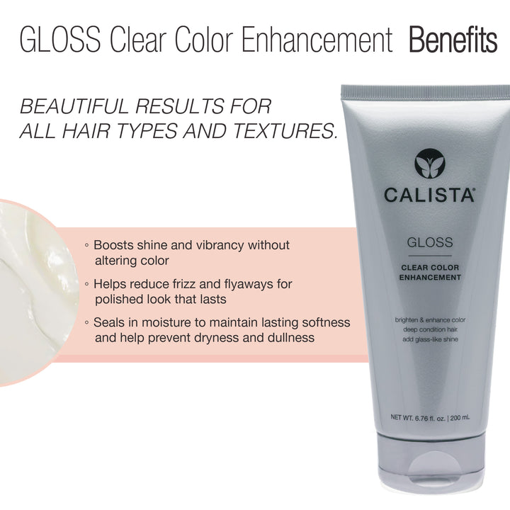 A silver tube of Calista Tools GLOSS Clear Shine Enhancement is shown, with text highlighting its benefits—boosting shine, providing a color enhancement shine treatment, reducing frizz, and sealing in moisture for all hair types and textures.
