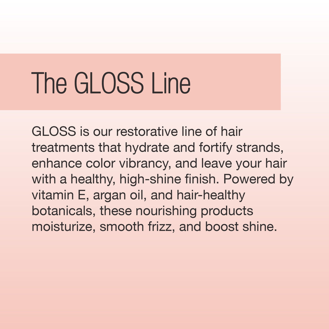 A promotional graphic for Calista Tools GLOSS Clear Shine Enhancement highlights restorative gloss treatments with vitamin E, argan oil, and botanicals to hydrate, strengthen, tame frizz, boost shine, and enhance color vibrancy.