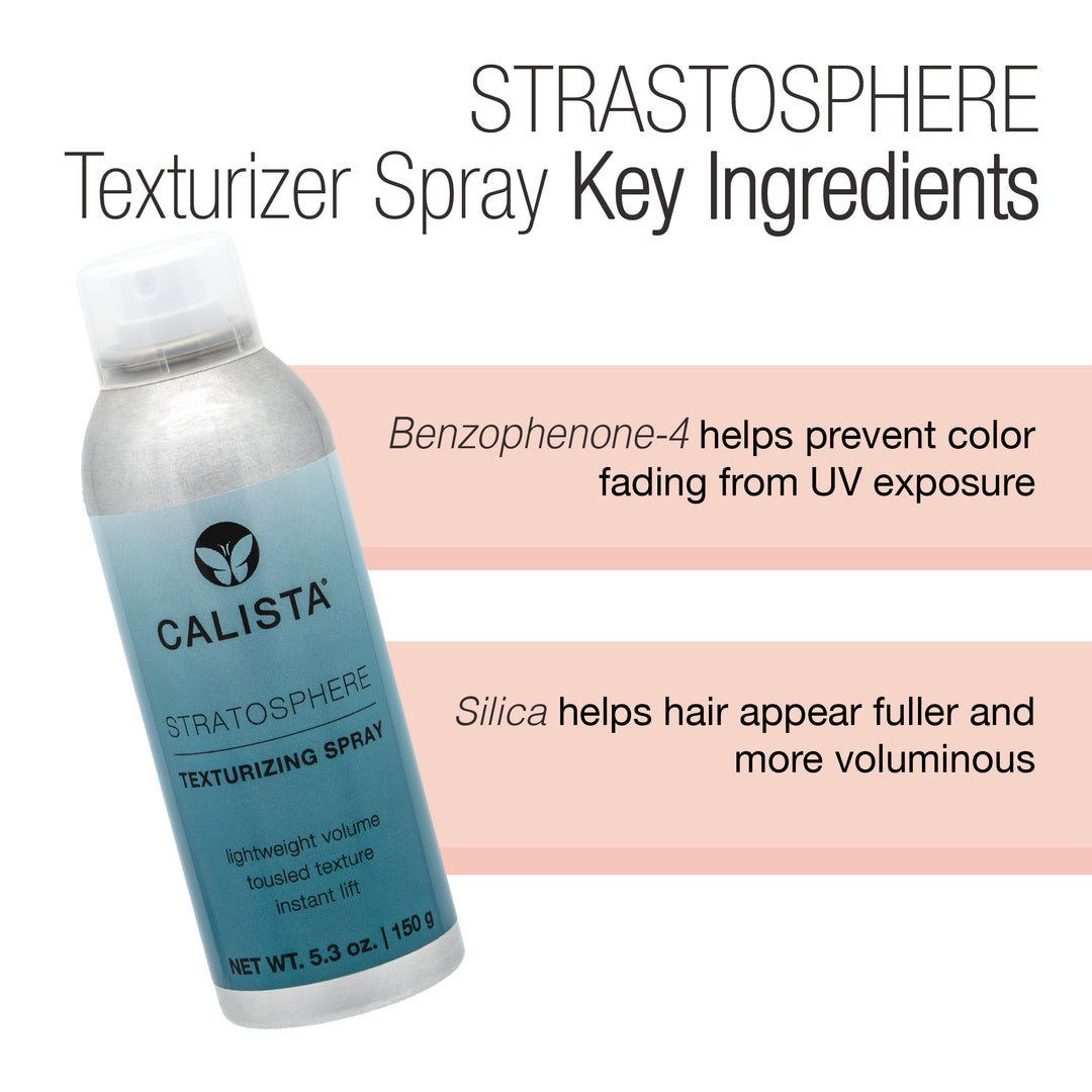 A lightweight silver and blue can of Calista Tools STRATOSPHERE Texturizer Spray is shown, featuring Benzophenone-4 to help prevent color fading from UV exposure, and Silica for added volume and fullness.