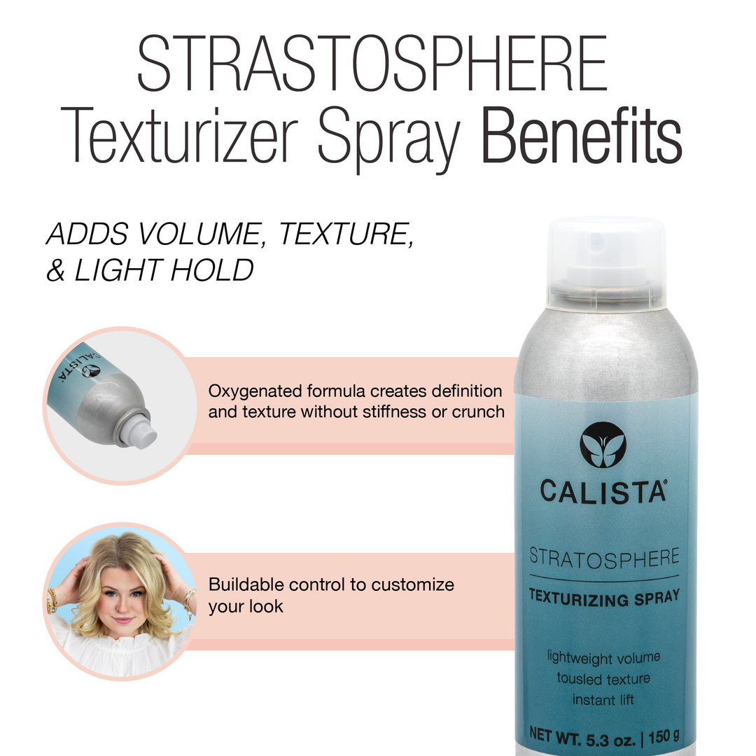 Image of Calista Tools STRATOSPHERE Texturizer Spray can with text: Lightweight formula adds volume, texture, and light hold for definition without stiffness; buildable control lets you volumize your look.