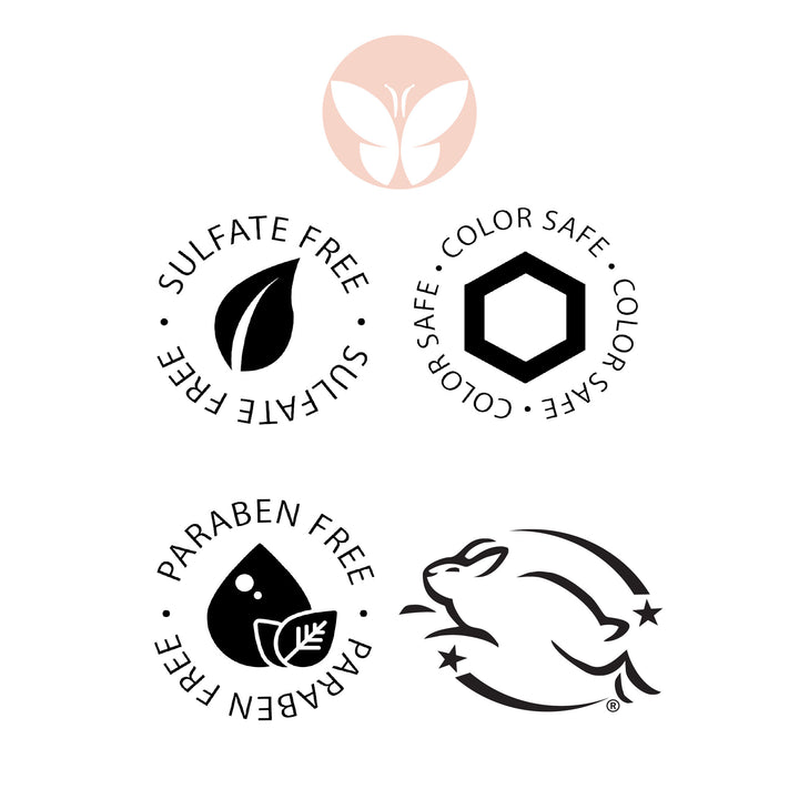 Four black and white cosmetic icons for Calista Tools EMBELLISH Finishing Spray + Definer: a leaf labeled “Sulfate Free,” hexagon “Color Safe,” droplet “Paraben Free,” leaping bunny for cruelty-free, with pink butterfly above.