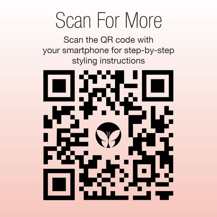 A black QR code with a leaf logo is centered on a pink gradient background. Above, text reads “Scan For More.” Scan with your smartphone for step-by-step styling using Calista Tools EMBELLISH Finishing Spray + Definer.