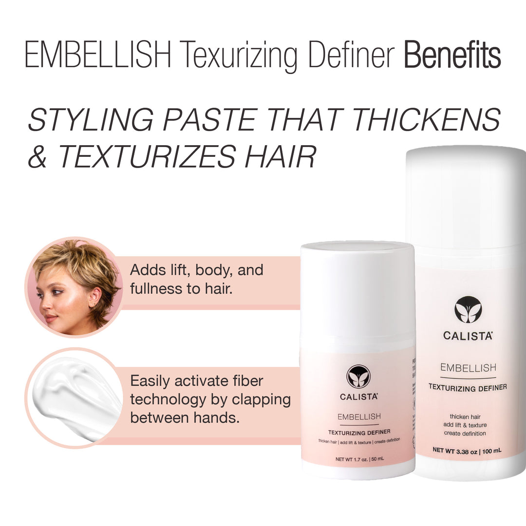 Image of Calista Tools EMBELLISH Texturizing Definer Large, a styling paste that thickens, texturizes, and adds volume to hair. Features product photos and a styled short haircut. Activates by clapping hands.