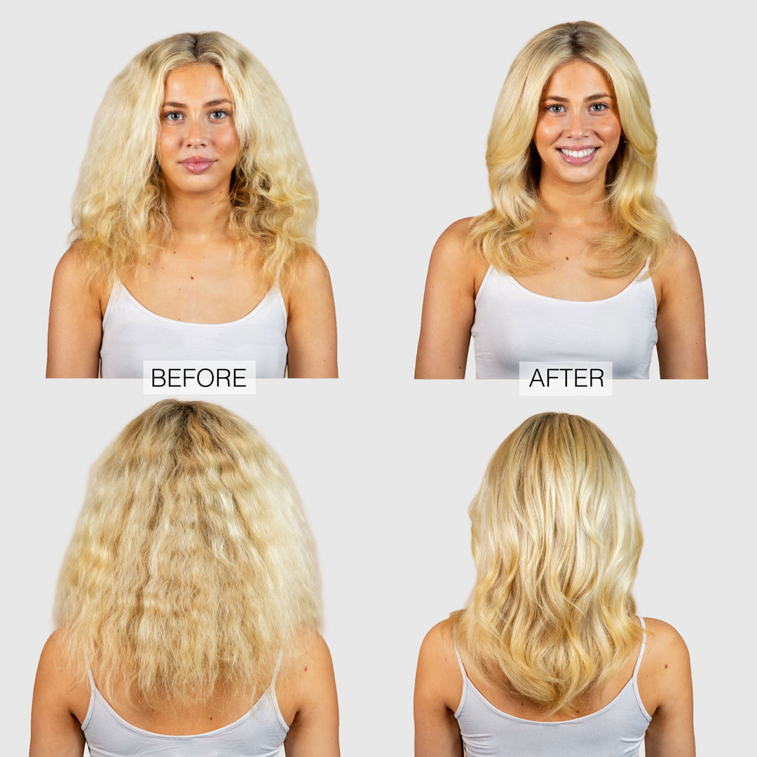 A woman with blonde, frizzy hair is seen in before photos and with smooth, stronger hair after using JOUSSE Cleanse by Calista Tools; both front and back views appear against a plain white background.