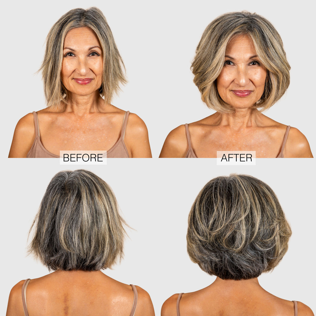 A woman with gray-blond hair is shown in front and back before-and-after photos. After using Calista Tools JOUSSE Cleanse scalp exfoliating shampoo, her hair looks shorter, smoother, and more styled in the after images.