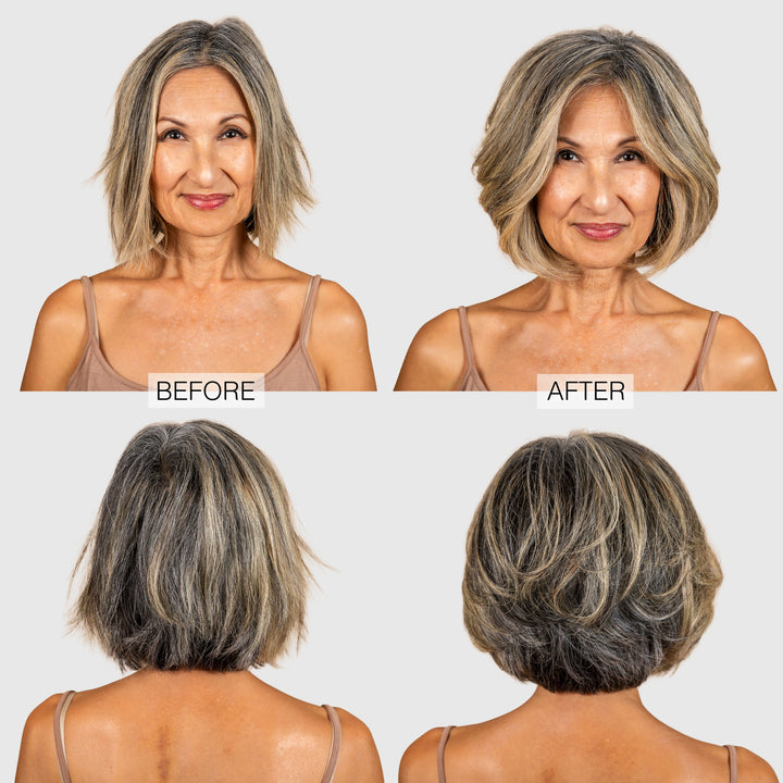 A woman with shoulder-length hair is shown before and after using the JOUSSE Cleanse & Condition Duo by Calista Tools, highlighting how naturally-derived ingredients strengthen hair follicles for a smooth, styled bob.