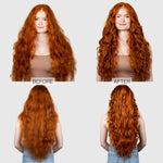 In before-and-after photos, a woman with long, wavy red hair shows smoother, shinier, and more defined hair after using Calista Tools JOUSSE Cleanse scalp exfoliating shampoo compared to her previously fuller, frizzy look.