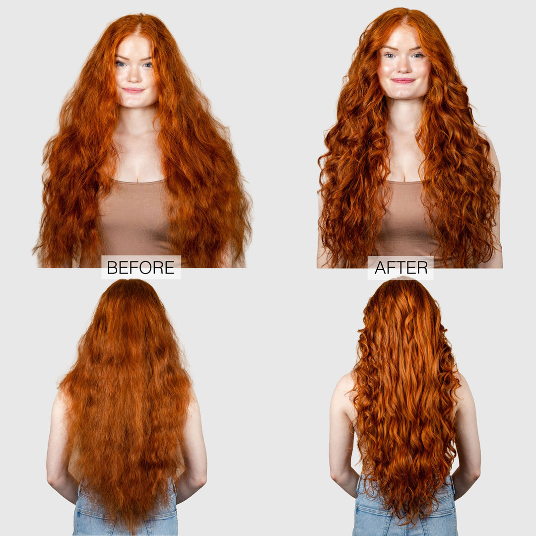 A woman with long, wavy red hair is seen in before-and-after photos using Calista Tools JOUSSE Cleanse & Condition Duo. Her hair looks smoother, more defined, and less frizzy while keeping its volume—shown from both front and back views.