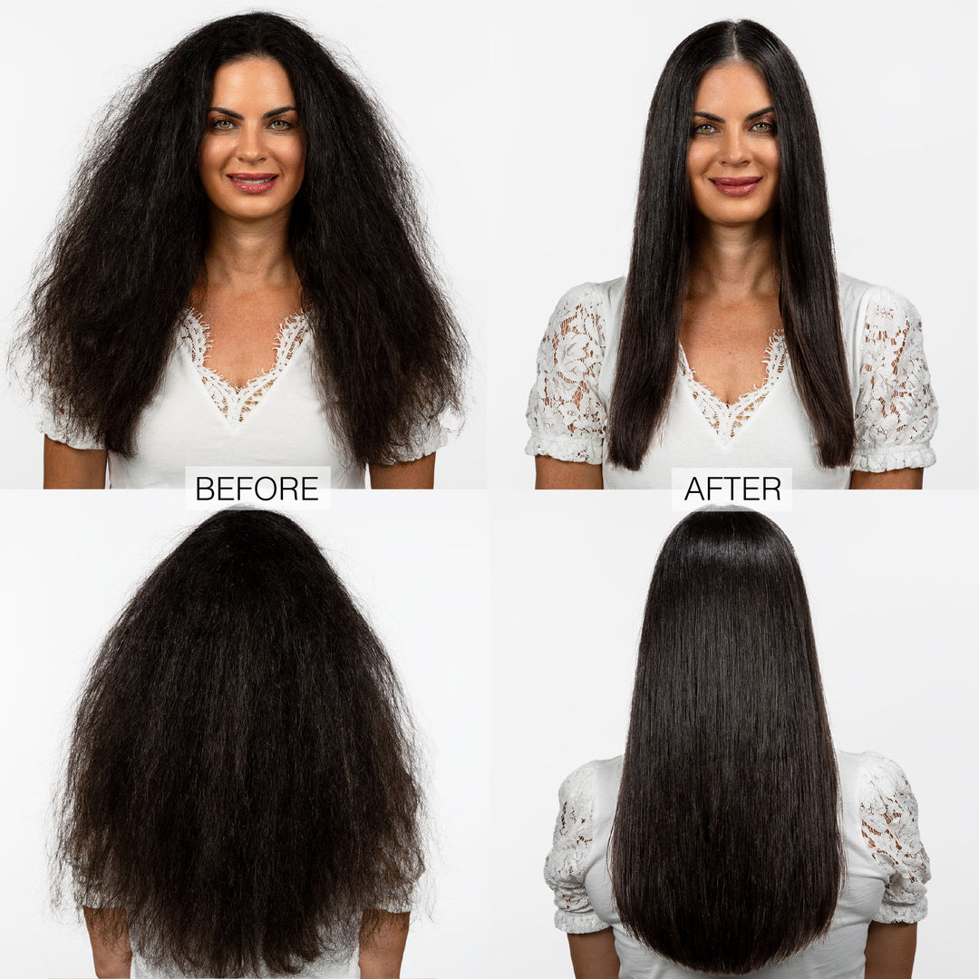 In the before photos, a woman with long, thick hair shows frizz; after using Calista Tools GLOSS Shine Recovery Serum, her hair looks smooth and straight. She smiles in front and back views, wearing a white lace top on a white background.