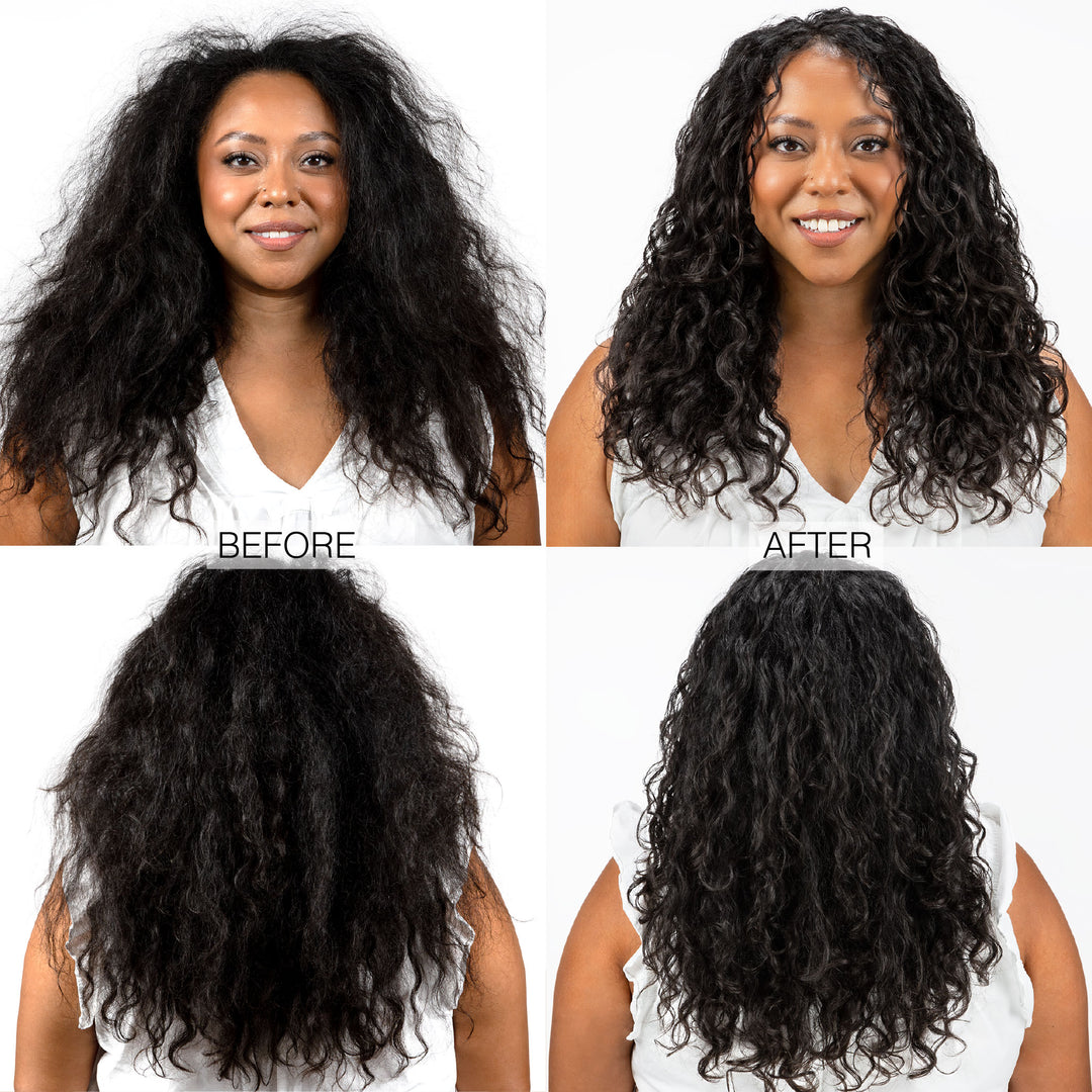 A woman’s frizzy, voluminous hair transforms into smooth, defined, loose curls after using Calista Tools GLOSS Shine Recovery Serum.