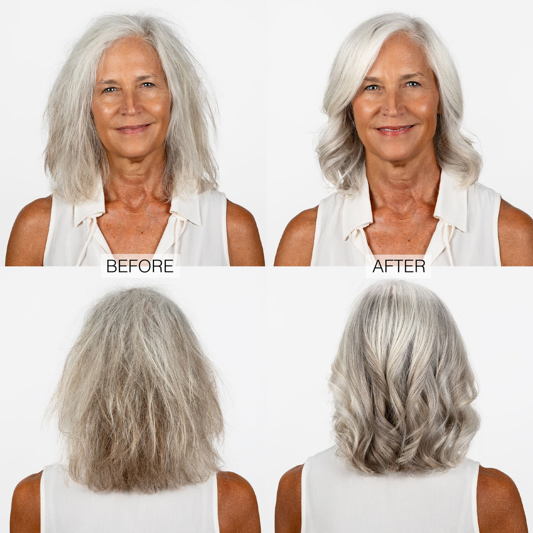 A woman with gray hair is shown in before and after photos. Before: her hair is frizzy. After using Calista Tools GLOSS Shine Recovery Serum, her hair appears smooth, shiny, and styled in loose waves.