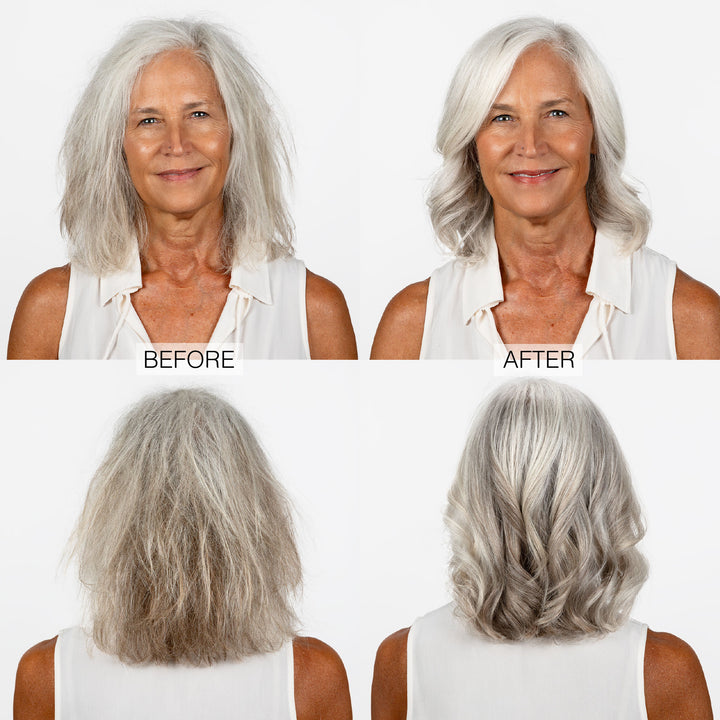 A woman with gray hair is shown in before and after photos. Before: her hair is frizzy. After using Calista Tools GLOSS Shine Recovery Serum, her hair appears smooth, shiny, and styled in loose waves.