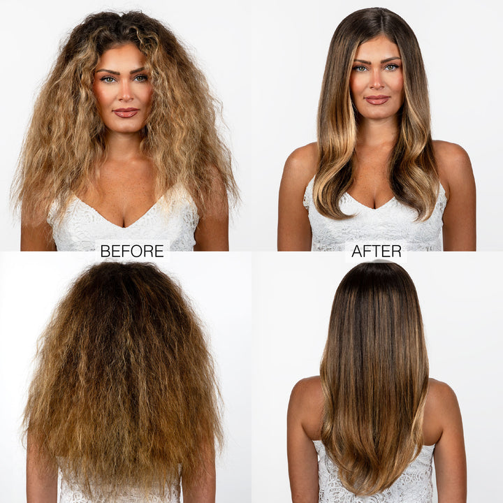 A woman with curly, frizzy hair is shown before and with smooth, straight hair after using Calista Tools GLOSS Shine Recovery Serum for frizz control. Both front and back views are featured. She wears a white lace top.