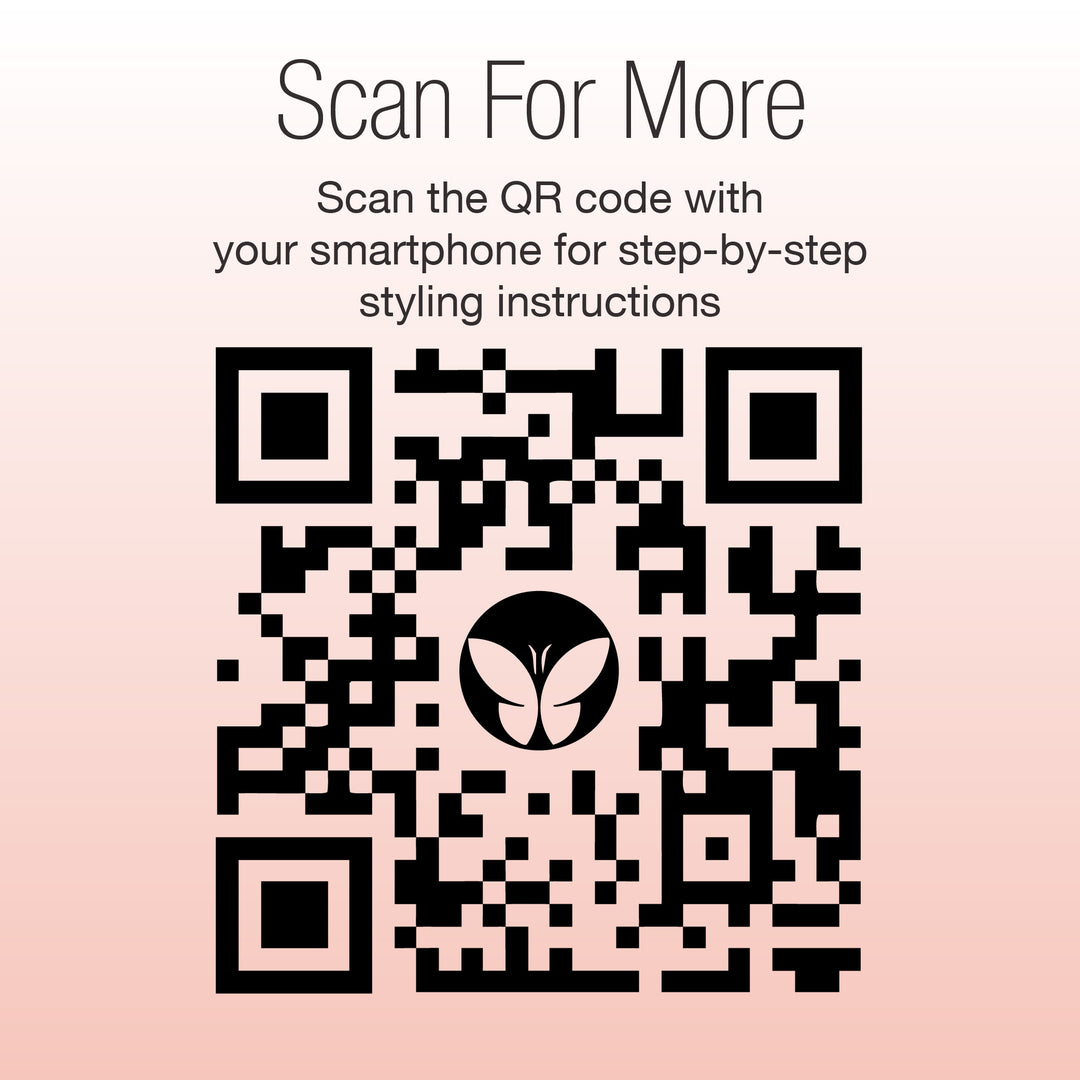 A QR code with a butterfly logo in the center, surrounded by "Scan For More." Use your smartphone for step-by-step styling tips on frizz control and argan oil, featuring GLOSS Shine Recovery Serum by Calista Tools, all on a pink gradient background.