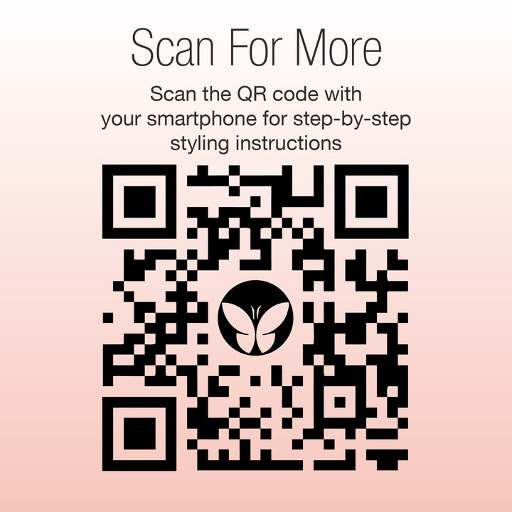 A QR code with a butterfly logo in the center, surrounded by "Scan For More." Use your smartphone for step-by-step styling tips on frizz control and argan oil, featuring GLOSS Shine Recovery Serum by Calista Tools, all on a pink gradient background.
