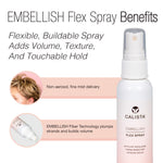 Image of a Calista Tools Mini EMBELLISH Flex Spray bottle. Text notes: this flexible hairspray adds volume, texture, and hold with non-aerosol delivery and plumping fiber technology.