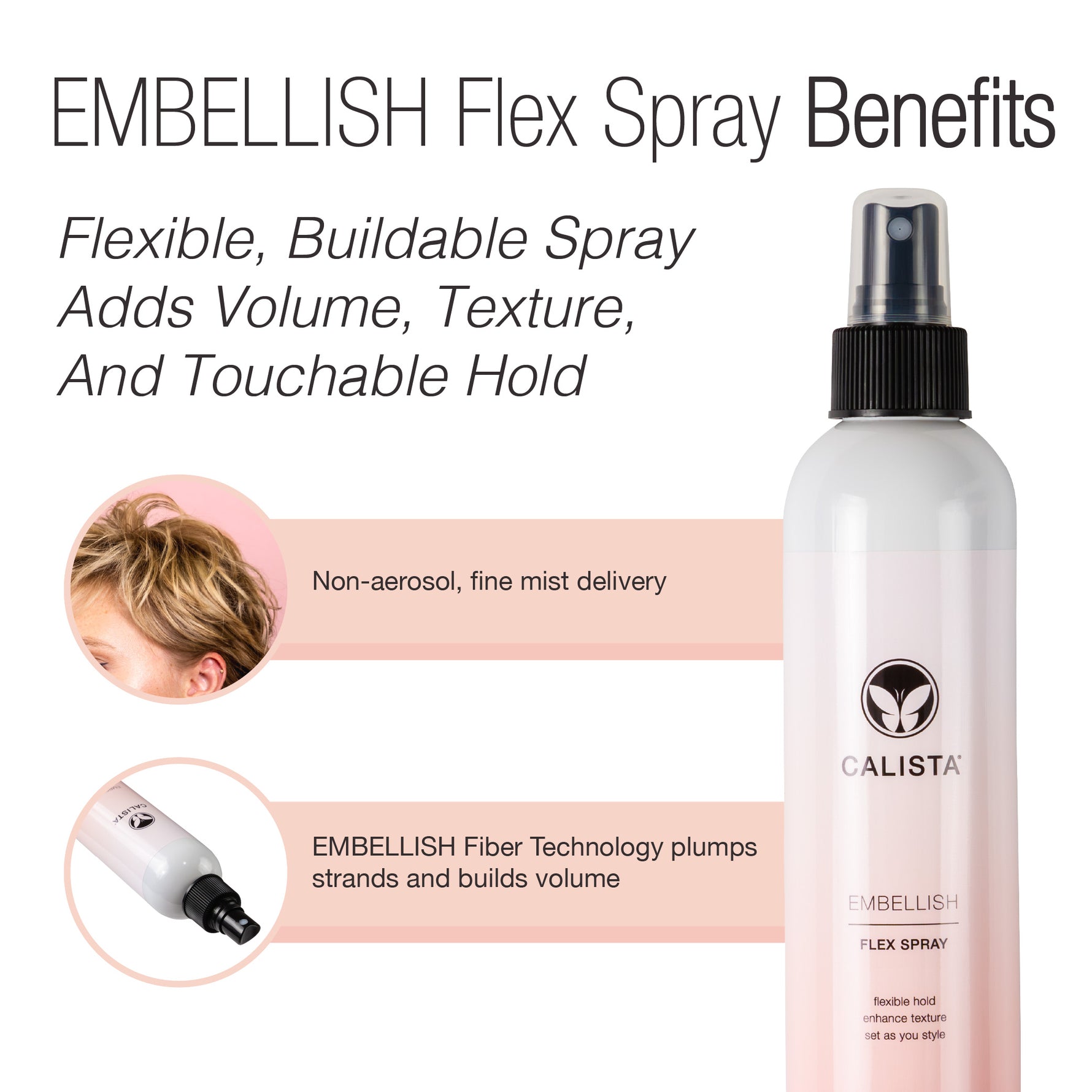 The Calista Tools GoGo Mini Round Brush & Embellish Flex Spray Duo features a flexible, non-aerosol hairspray that adds volume, texture, and hold—perfect for styling on the go or with the included mini round brush.