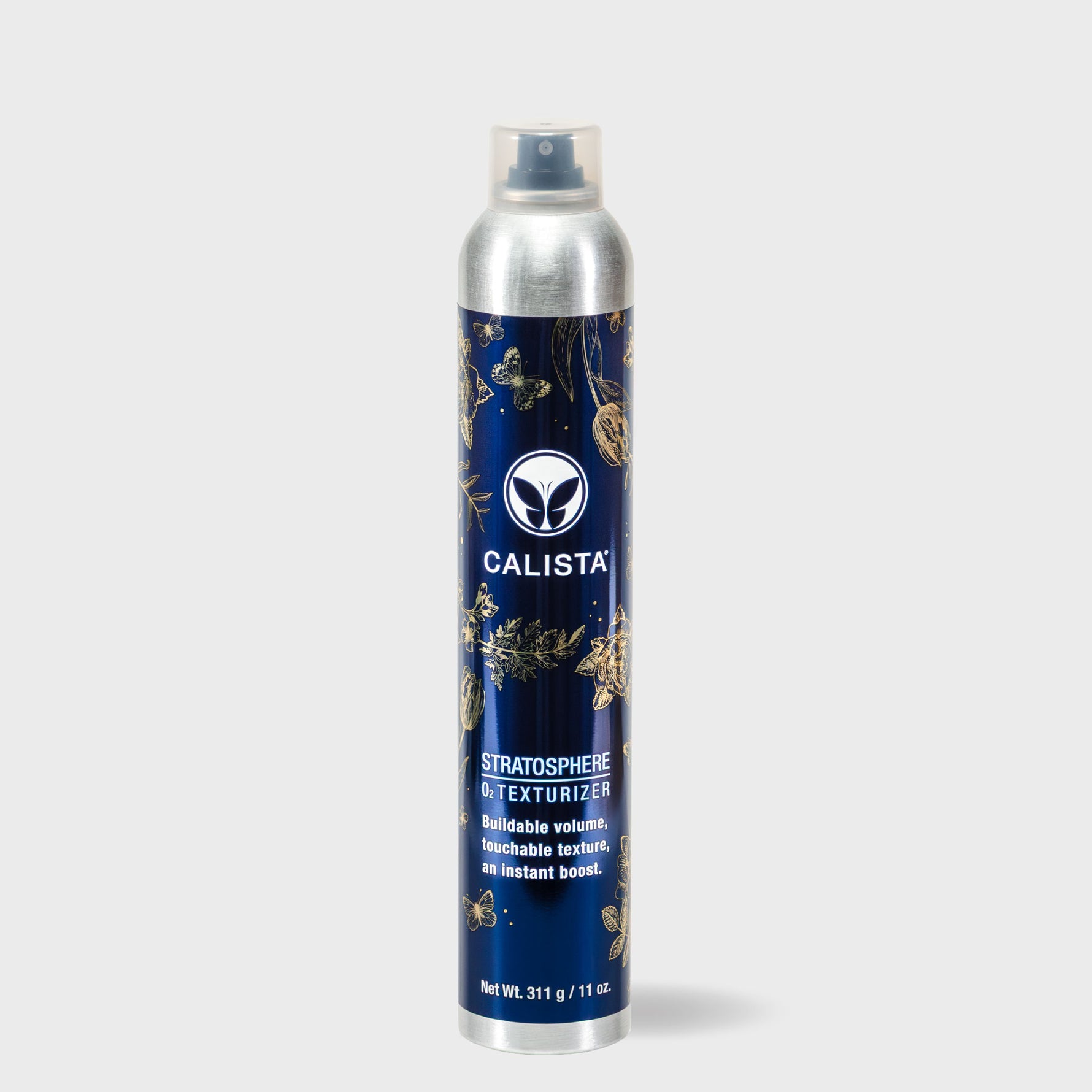 A tall silver and navy blue can of Calista Tools STRATOSPHERE Volumizing Duo—final sale—features floral accents and promotes buildable volume and touchable texture for hair.