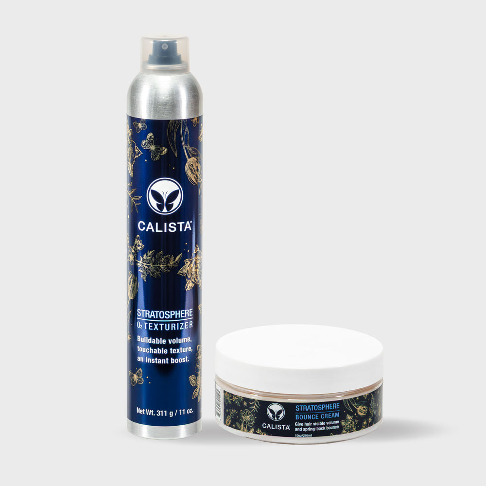 The Calista Tools STRATOSPHERE Volumizing Duo—featuring a blue OT Texturizer spray and a white Bounce Cream jar—stands upright on a light gray background, ideal for adding volume to your hair routine.