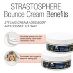 Graphic for Calista Tools STRATOSPHERE Volumizing Duo showcases top-tier body and bounce, unique cloud-like texture, and oxygen-infused formula. Features product images plus a smiling woman with styled hair.