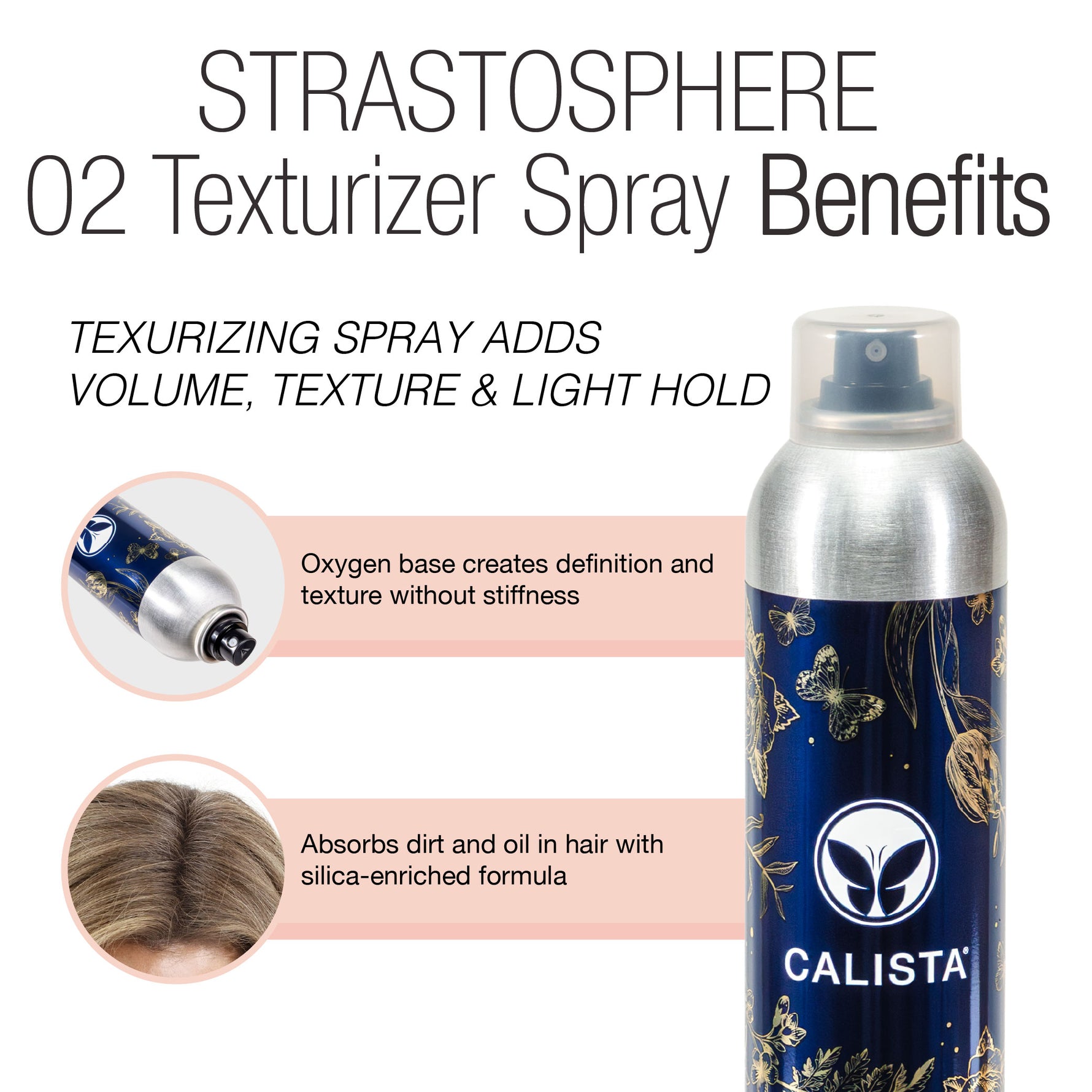 A can of Calista Tools STRATOSPHERE Volumizing Duo is shown, featuring text that highlights its volume-boosting, texturizing benefits with light hold, oil absorption from a silica-enriched formula, and definition without stiffness.