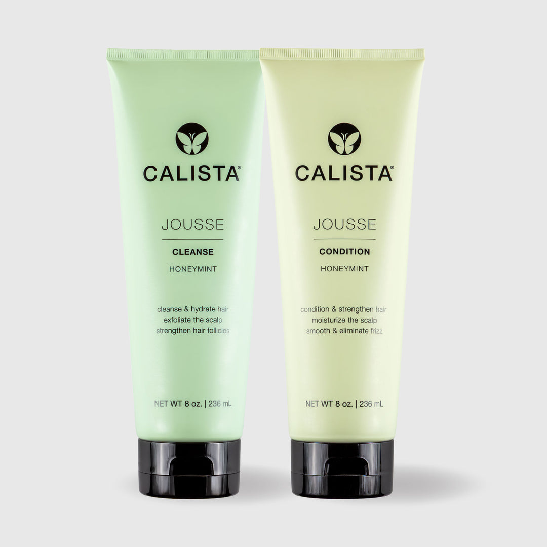 Two 8 oz (236 mL) tubes of Calista Tools JOUSSE Cleanse & Condition Duo—Cleanse Honeymint (green) and Condition Honeymint (yellow)—stand upright, featuring naturally-derived ingredients to strengthen hair follicles.