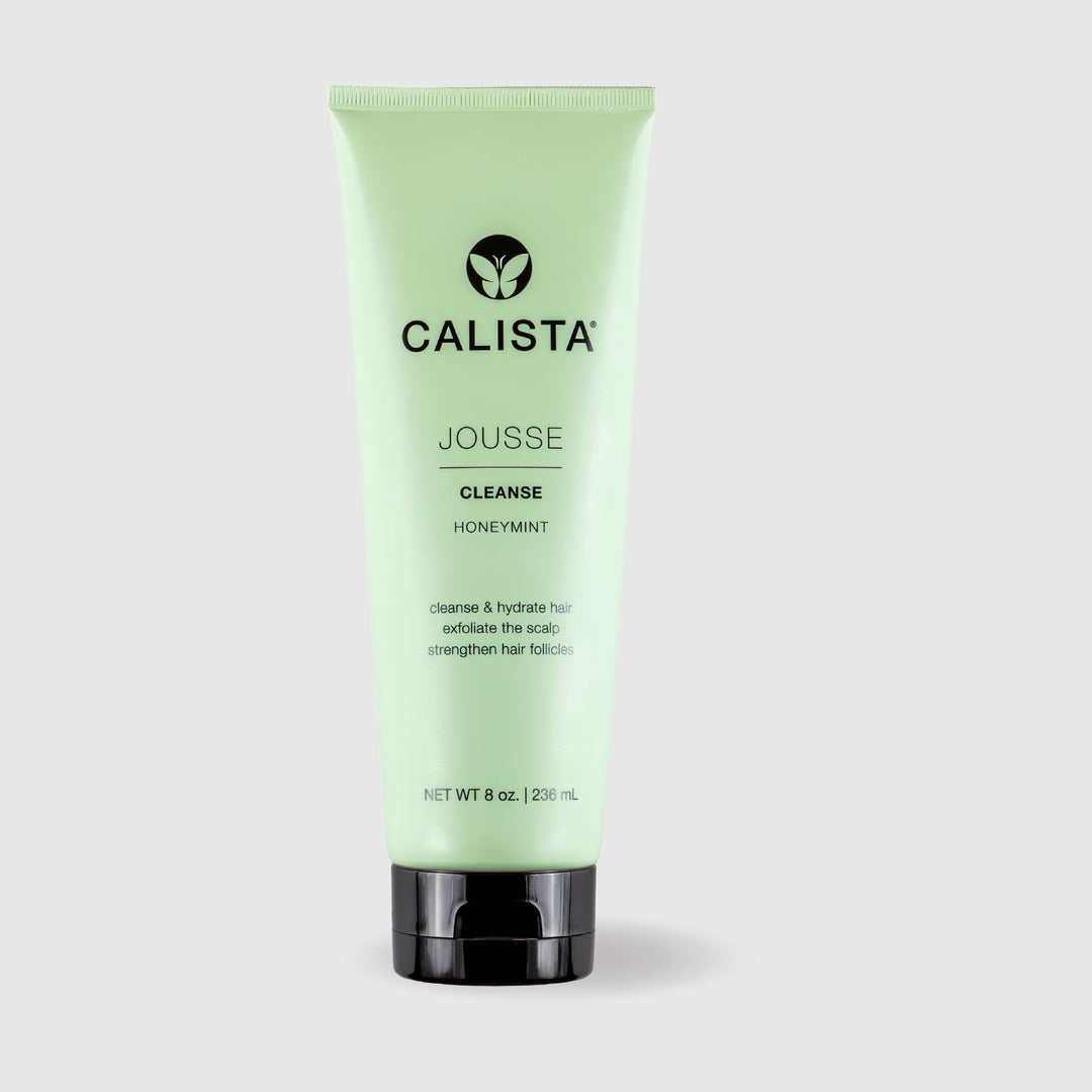 A green 8 oz (236 ml) tube of Calista Tools JOUSSE Cleanse in HoneyMint sits upright on a white background, labeled as a scalp exfoliating shampoo to cleanse, hydrate, exfoliate the scalp, and strengthen hair.