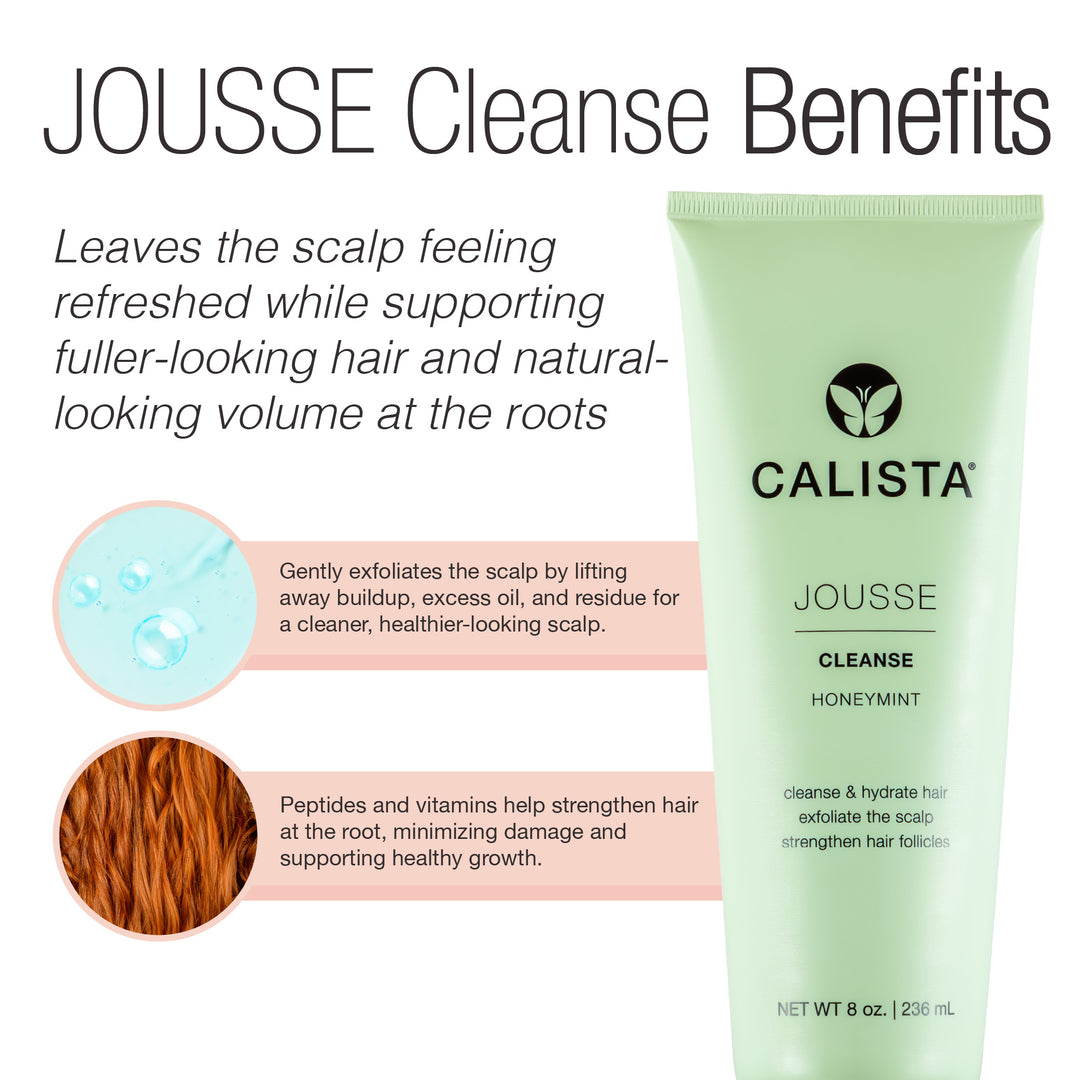 A tube of Calista Tools JOUSSE Cleanse shampoo stands upright, with text promoting healthy scalp and hair. Close-ups show water droplets and hair texture for visual emphasis.