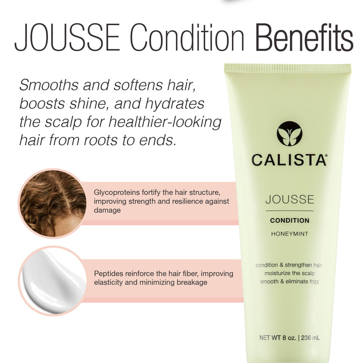 A promotional image for Calista Tools JOUSSE Condition shows a green tube. Text highlights smoothing, repair, and strengthening benefits with glycoproteins and peptides to support healthy hair growth.