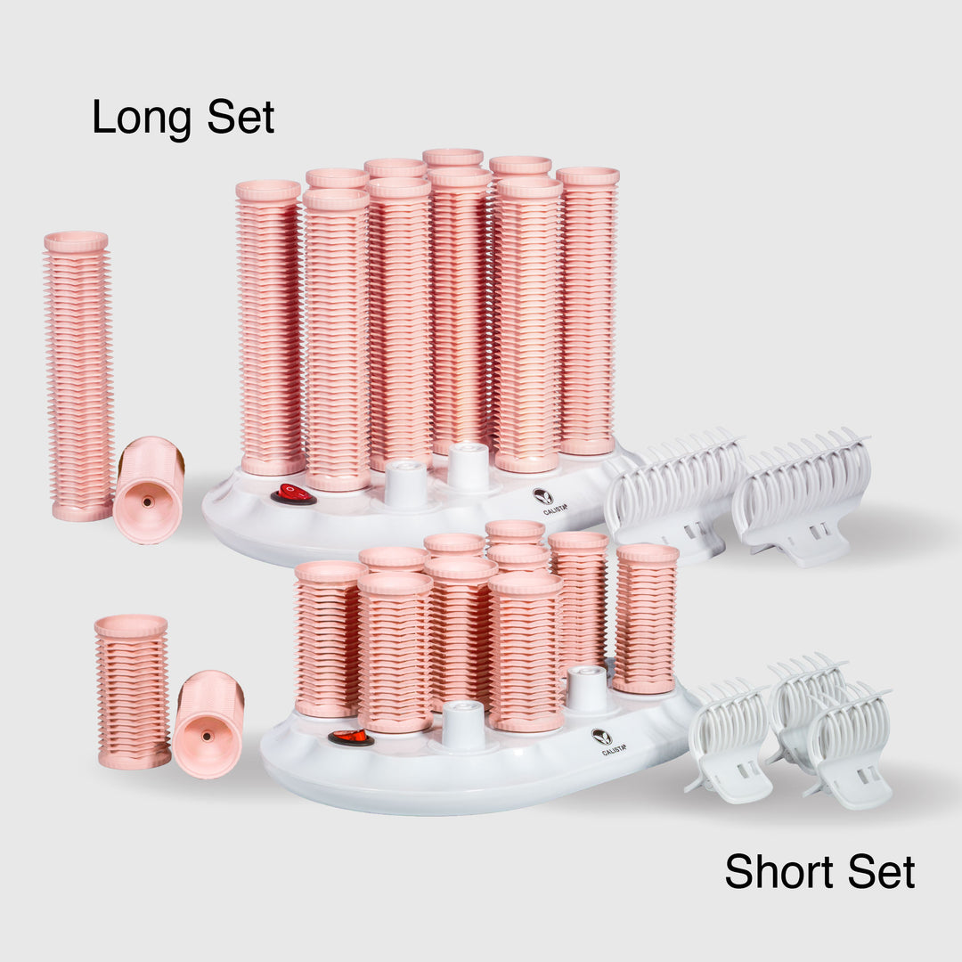 Calista Tools Ion Hot Rollers Short Set Gen 2 features pink rollers with white bases and clips, labeled for easy use. The Long Set offers more rollers, while the Short Set includes fewer rollers and clips for effortless, bouncy curls.