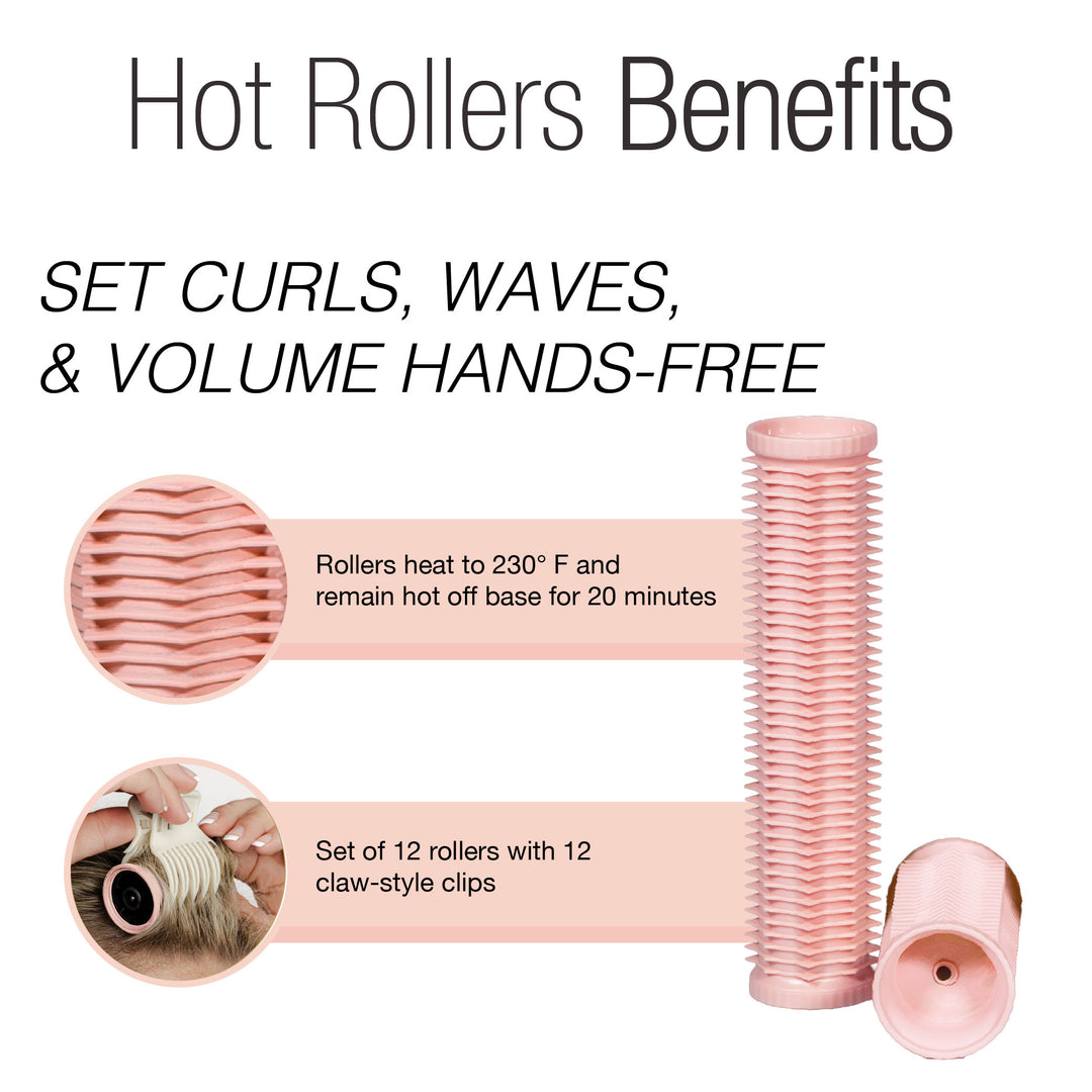 Infographic on Calista Tools Ion Hot Rollers Short Set Gen 2: pink rollers, hands-free bouncy curls, heats to 230°F, retains heat for 20 mins, includes 12 rollers and 12 claw clips—ideal for adding volume.