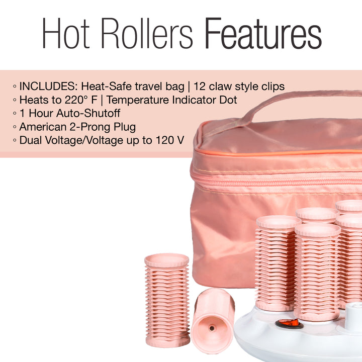 A pink travel bag and the Calista Tools Ion Hot Rollers Short Set Gen 2 with clips are shown, featuring Fusion Technology for voluminous curls, dual voltage, 1-hour auto shutoff, a temperature indicator, and a heat-safe bag.