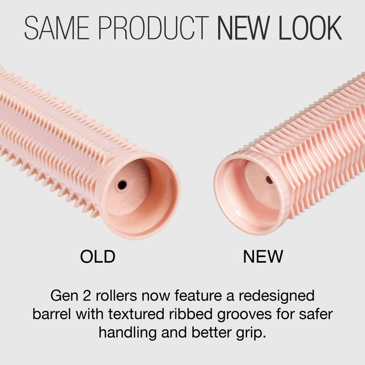 Two pink rollers are shown: the old roller is smooth, while the new Calista Tools Ion Hot Rollers Short Set Gen 2 has deep, ribbed grooves for stronger grip to create bouncy curls and enhance volume as a hair volumizer.
