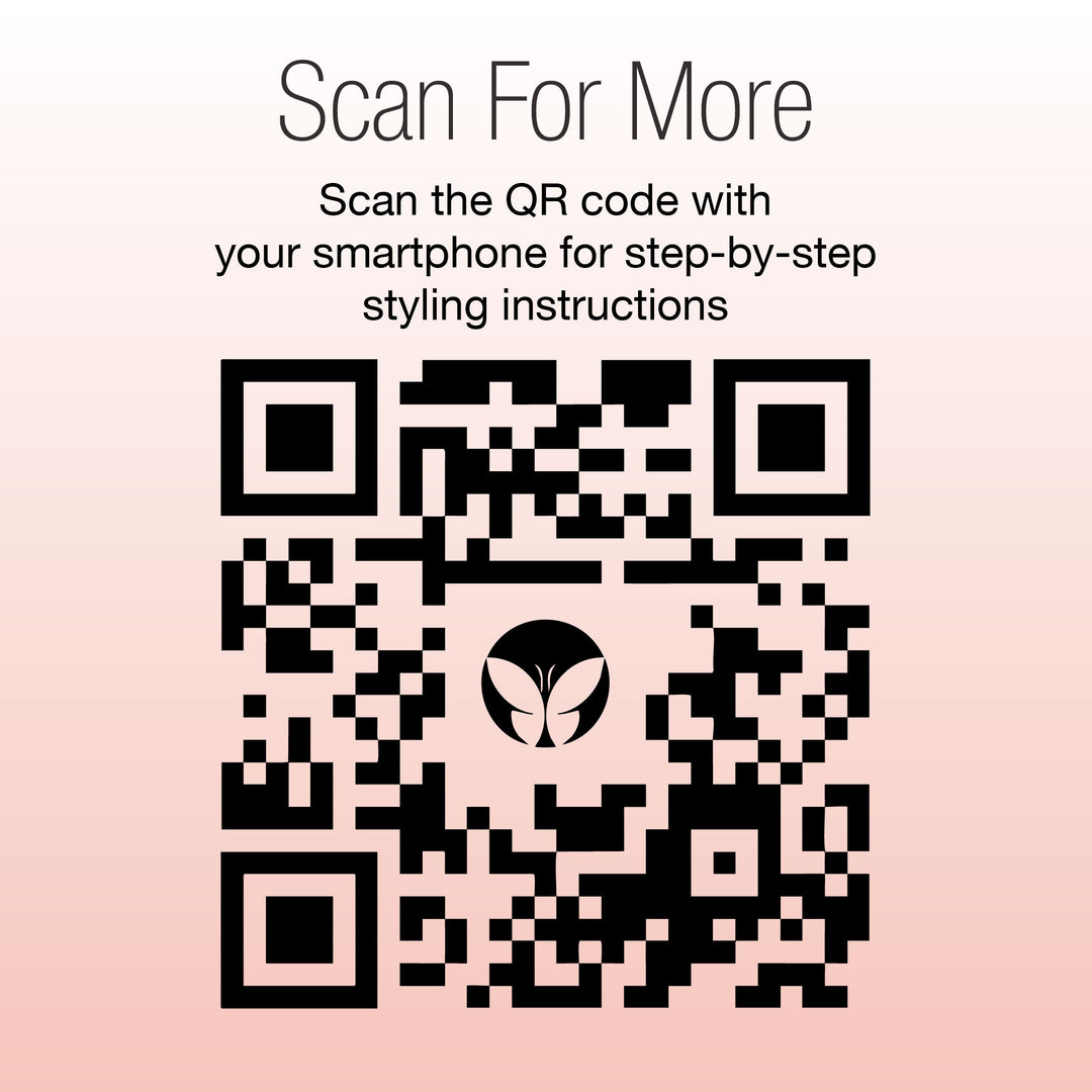 A QR code with a leaf logo in the center sits on a pink gradient background. Above it, text reads: Scan For More. Scan with your smartphone for step-by-step bouncy curls instructions using Calista Tools Ion Hot Rollers Long Set Gen 2.