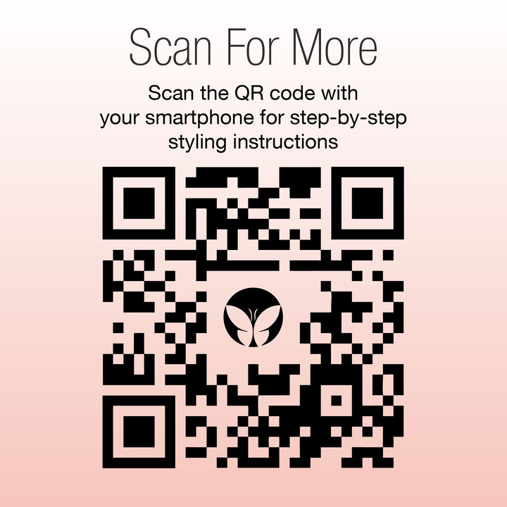 A QR code with a leaf logo in the center sits on a pink gradient background. Above it, text reads: Scan For More. Scan with your smartphone for step-by-step bouncy curls instructions using Calista Tools Ion Hot Rollers Long Set Gen 2.