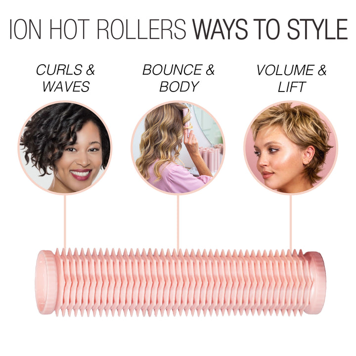 Infographic featuring a pink Calista Tools Ion Hot Rollers Long Set Gen 2 beneath three photos: curly hair (Curls & Waves), bouncy curls from rollers (Bounce & Body), and short voluminous styles (Volume & Lift).