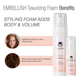 Image showing Calista Tools EMBELLISH Texturizing Foam: Volumizes hair, boosts natural curls, and adds shine. Apply to damp hair to enhance texture, smooth frizz, and achieve a polished finish.