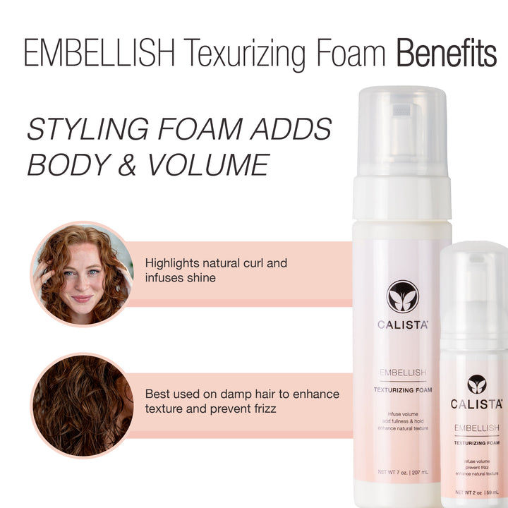 Image showing Calista Tools EMBELLISH Texturizing Foam: Volumizes hair, boosts natural curls, and adds shine. Apply to damp hair to enhance texture, smooth frizz, and achieve a polished finish.