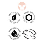 STRATOSPHERE Volumizing Duo by Calista Tools features symbols: a peach butterfly, leaf labeled Sulfate Free, hexagon for Color Safe, water droplet for Paraben Free, and a leaping bunny—signifying its key benefits and cruelty-free formula.