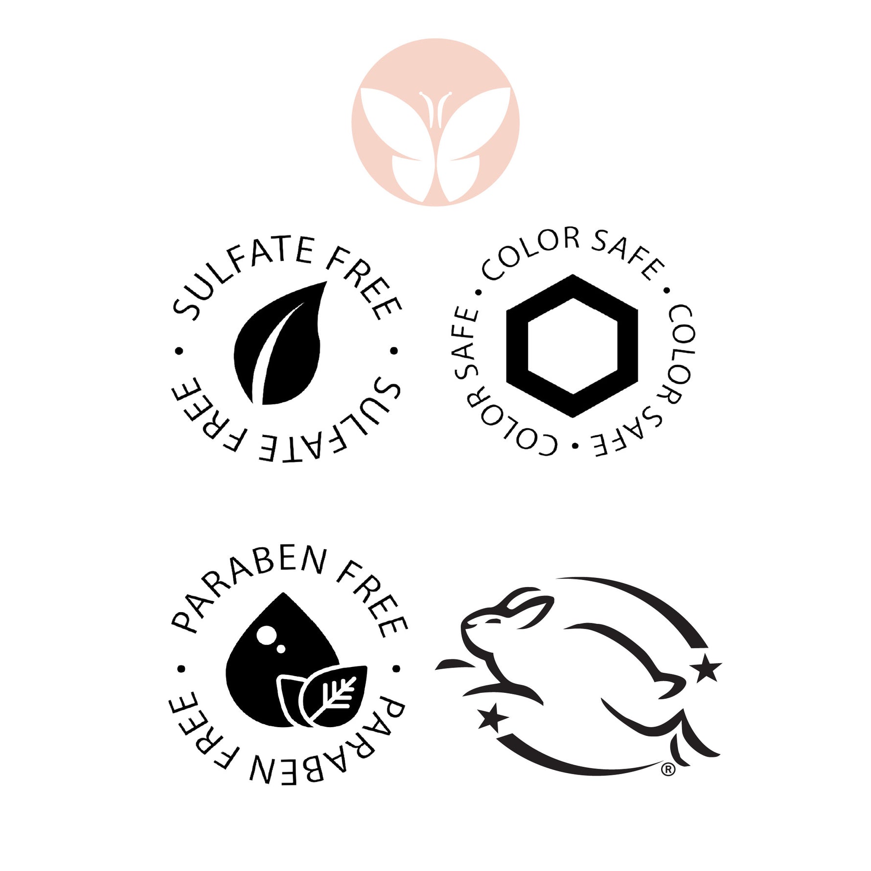 STRATOSPHERE Volumizing Duo by Calista Tools features symbols: a peach butterfly, leaf labeled Sulfate Free, hexagon for Color Safe, water droplet for Paraben Free, and a leaping bunny—signifying its key benefits and cruelty-free formula.
