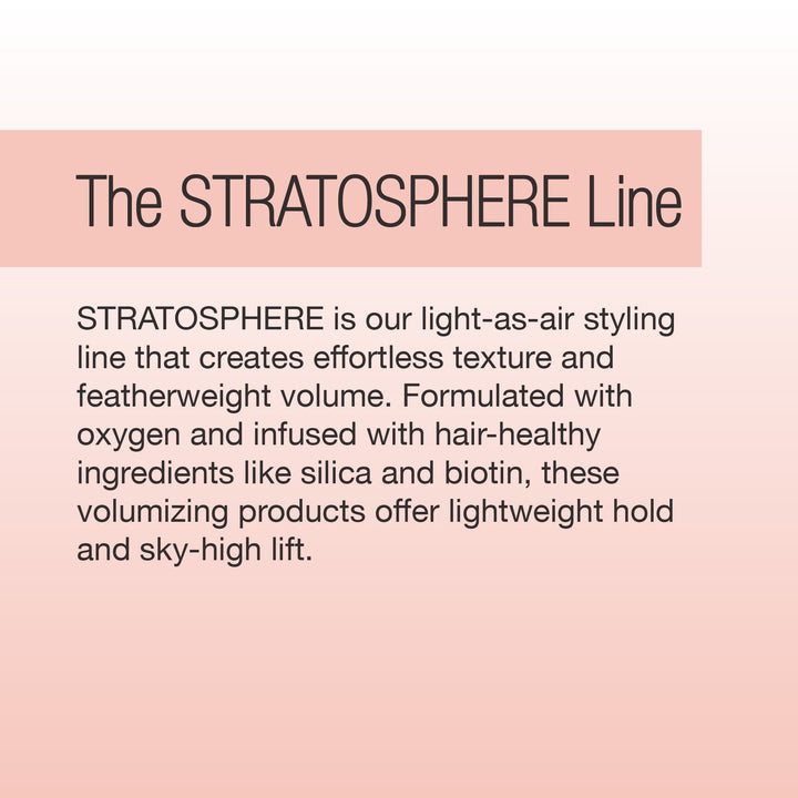 Text graphic featuring Calista Tools STRATOSPHERE Airshape Finishing Spray—a daily hairspray for featherweight volume, effortless texture, and lightweight hold. Infused with oxygen, silica, and biotin for healthy hair.