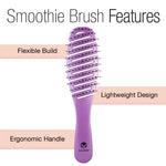 A purple Calista Tools GoGo Mini Round Brush + SMOOTHIE Duo highlights its flexible build, lightweight design, and ergonomic handle, with text pointing to each feature.