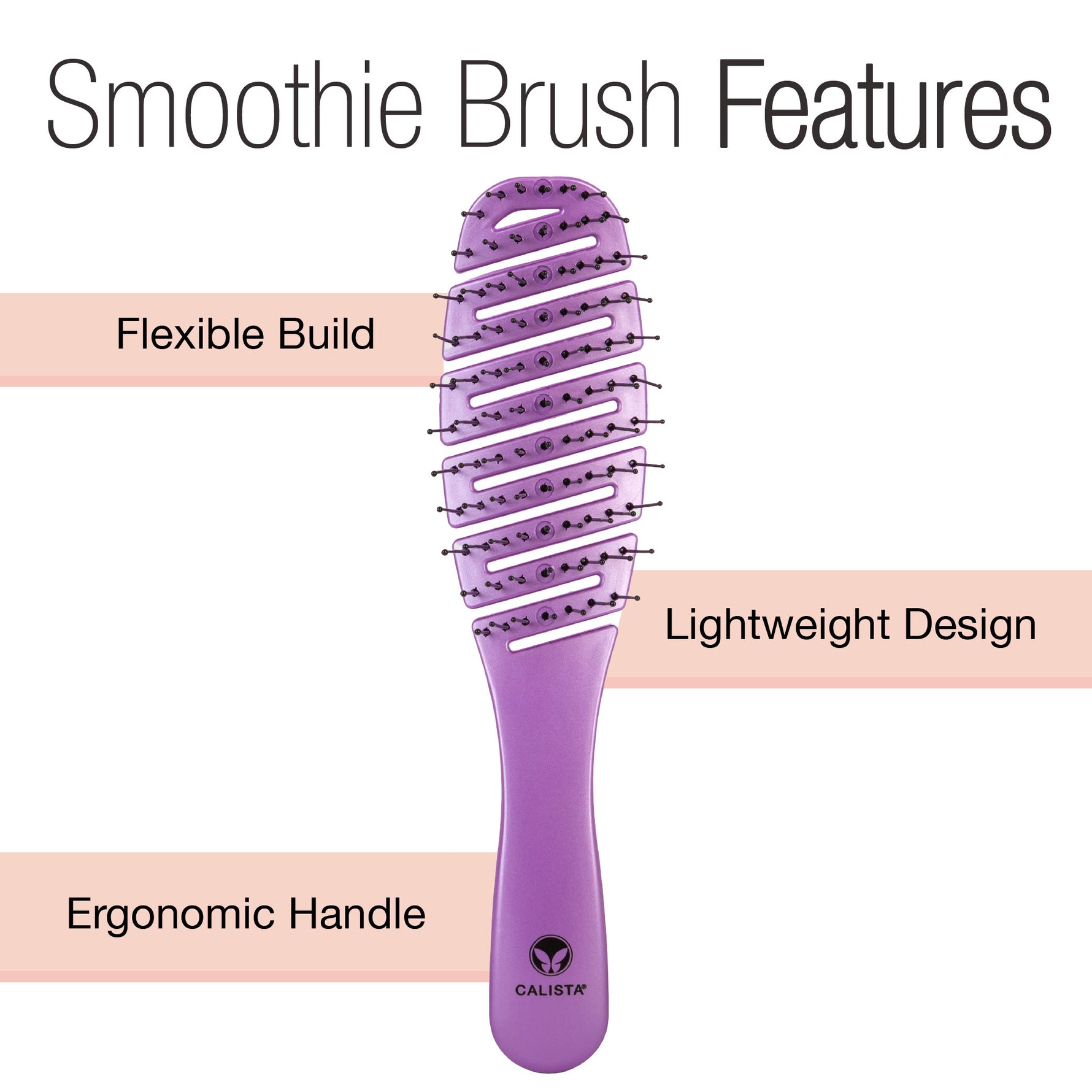 A purple Calista Tools GoGo Mini Round Brush + SMOOTHIE Duo highlights its flexible build, lightweight design, and ergonomic handle, with text pointing to each feature.