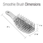 The Calista Tools GoGo Mini Round Brush + SMOOTHIE Duo is shown at an angle with text listing its size: 8" long, 2" wide, and 1" high. The title above reads “Smoothie Brush Dimensions.”.