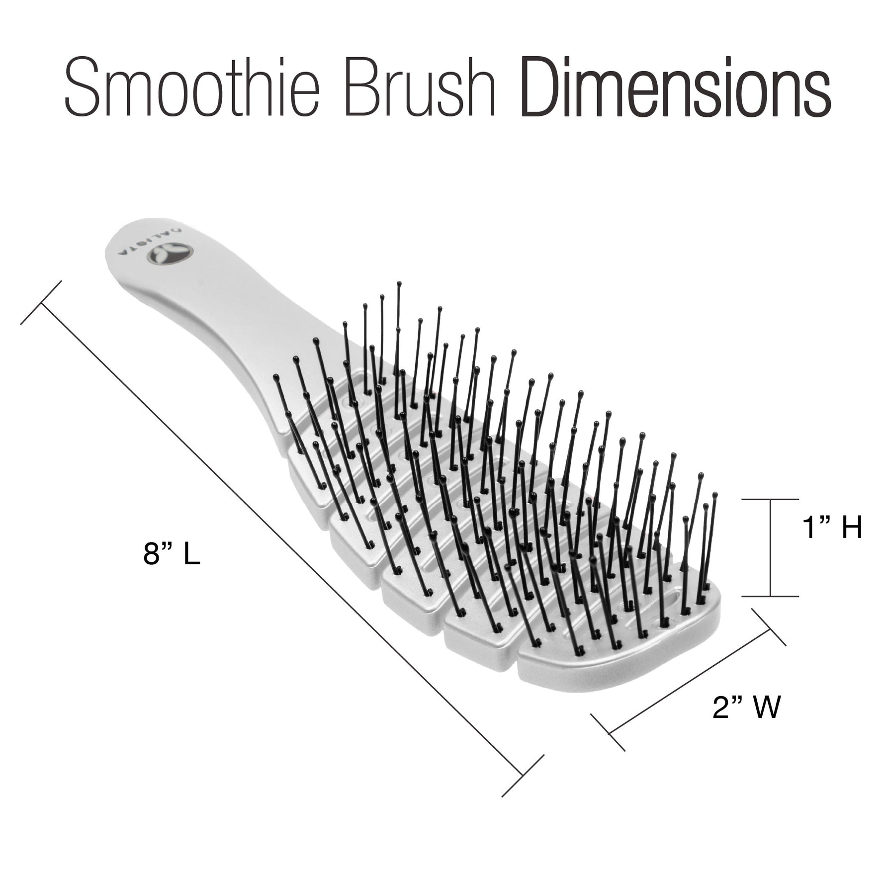 The Calista Tools GoGo Mini Round Brush + SMOOTHIE Duo is shown at an angle with text listing its size: 8" long, 2" wide, and 1" high. The title above reads “Smoothie Brush Dimensions.”.
