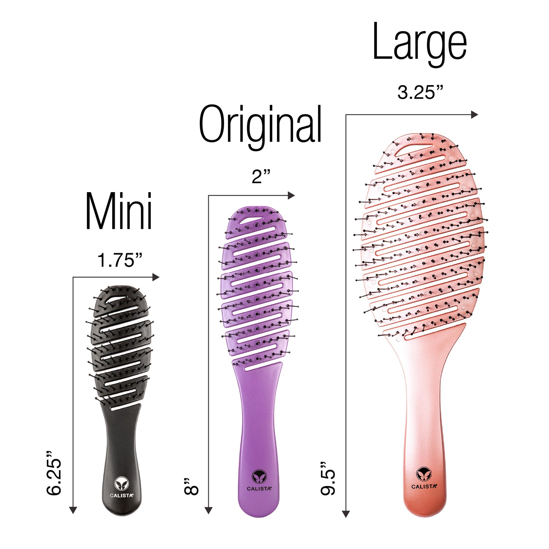 The Calista Tools GoGo Mini Round Brush + SMOOTHIE Duo is displayed side by side, with sizes labeled Mini (6.25 x 1.75), Original (8 x 2), and Large (9.5 x 3.25) in black, purple, and pink with measurements shown.