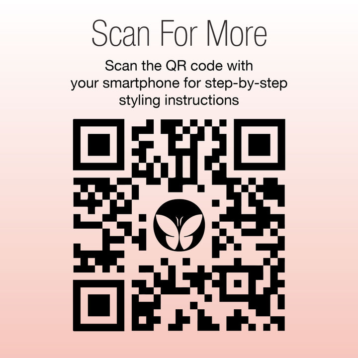 A QR code labeled Scan For More, featuring a butterfly logo on a pink gradient, lets you access step-by-step styling guides for the Calista Tools GoGo Mini Round Brush + SMOOTHIE Duo.